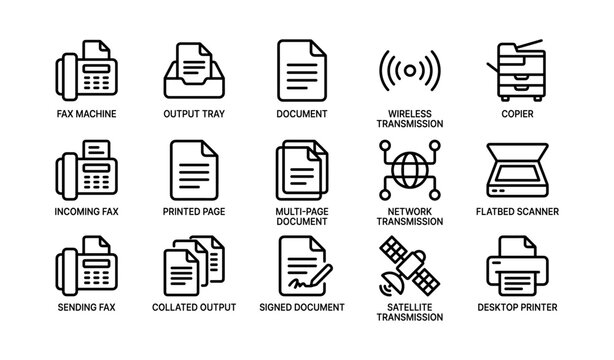 Office equipment and document processing icons: fax, wireless, copier, scanner