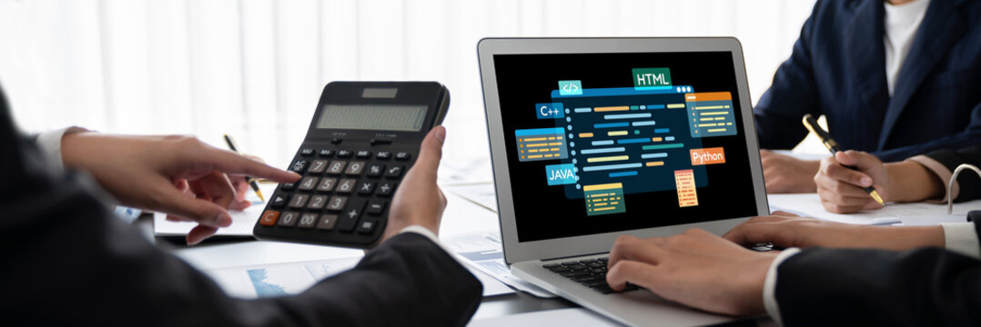 Software development or programming work with coding screen of various programming languages like HTML, , , and C brisk for new application development