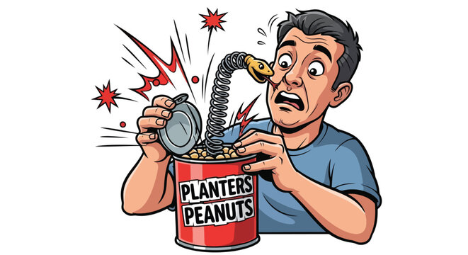 Man shocked by exploding peanuts can cartoon vector