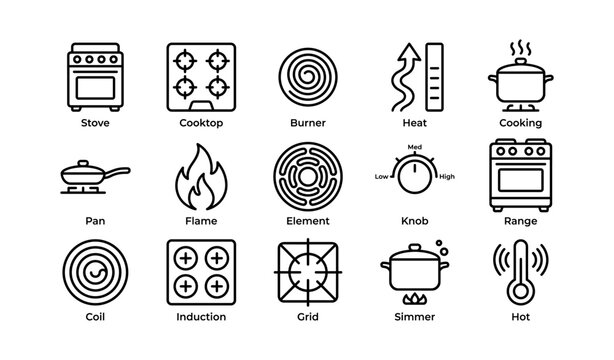 Kitchen stove and cooking symbols including burner, heat, cooktop, and pan icons