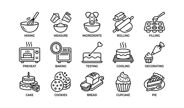 Baking process icons with mixing, measuring, and decorating tools in black and white