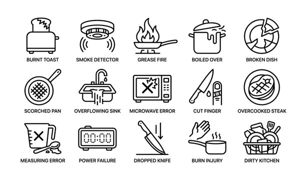 Household kitchen hazards - common cooking and safety mistakes illustrated icons