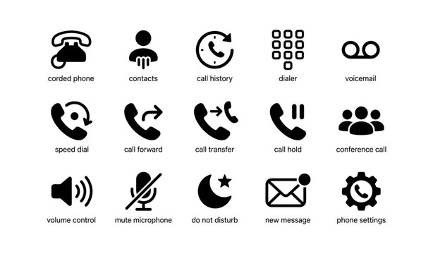 Communication and phone function icons set in black on white background