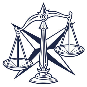 Justice scales icon: law & equality symbol with starburst compass background