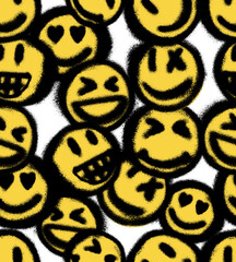 Seamless pattern with smile emoji in graffiti style. Trendy endless wallpaper with yellow emoticon elements and sprayed paint signs. Textured hand drawn vector inspired by urban street wall art. © Anatoliy