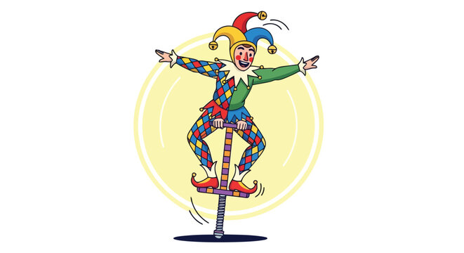 Jester on pogo stick jumping colorful outfit circus performer fun