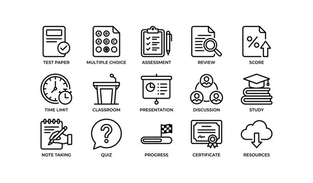 Educational icons set: test paper, classroom, quiz, certificate, study