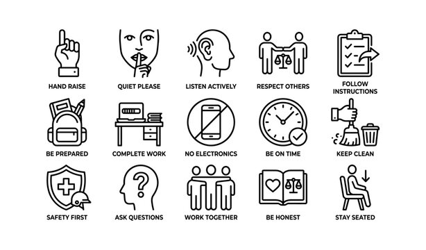 School classroom rules icons: hand raise, quiet, listen, respect, follow instructions