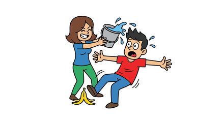 Fototapeta premium Woman playfully pouring water on surprised man cartoon illustration