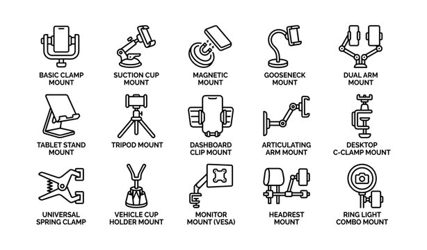 Variety of device mounts including clamp, suction, magnetic, gooseneck, and dual arm options