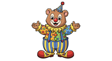 Obraz premium Cartoon bear dressed as clown with colorful polka dot shirt and striped pants standing with arms outstretched in playful gesture illustration