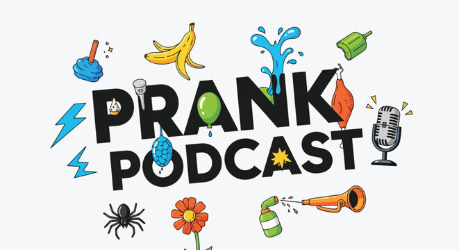 Colorful prank podcast logo with various objects and microphones
