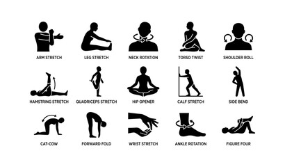 Obraz premium Set of 16 silhouette stretching and yoga poses for flexibility and relaxation