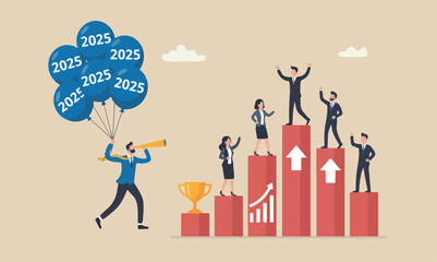 Year 2025 teams or economic forecast, aspiration to work success, new year resolution concept, businessman flying with 2025 balloons with telescope © YEASIN