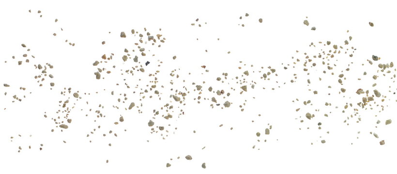 Close up cat litter filler pile flying, isolated on white background and texture, clipping path, macro