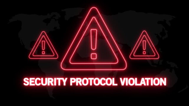 Security protocol violation alert warning. Cybersecurity defense and secure digital systems protection against cyberattacks. urgent threat notification. on Black Background and features 4k Animation