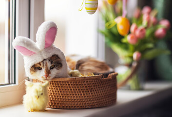 funny cute kitten in pink easter bunny ears lies in a basket on a windowsill among flowers and...