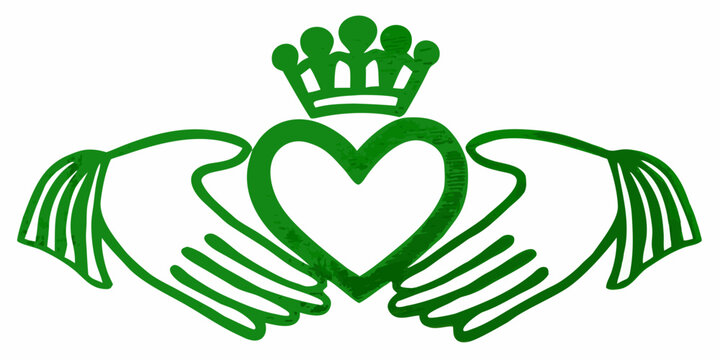 Green claddagh symbol featuring hands heart and a crown