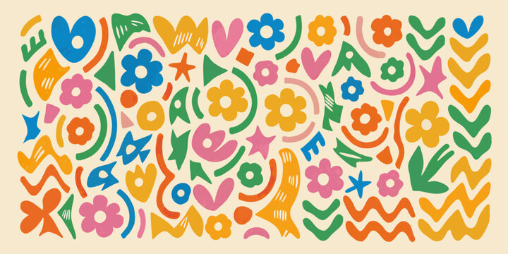 Colorful abstract floral and shape pattern with a playful retro aesthetic