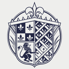 Heraldic coat of arms crest with lion, fleur-de-lis & geometric shield, line art © Tawhitul