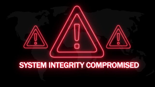 System integrity compromised alert warning. Cybersecurity defense and secure digital systems protection against cyberattacks. urgent threat notification.on Black Background and features 4k Animation