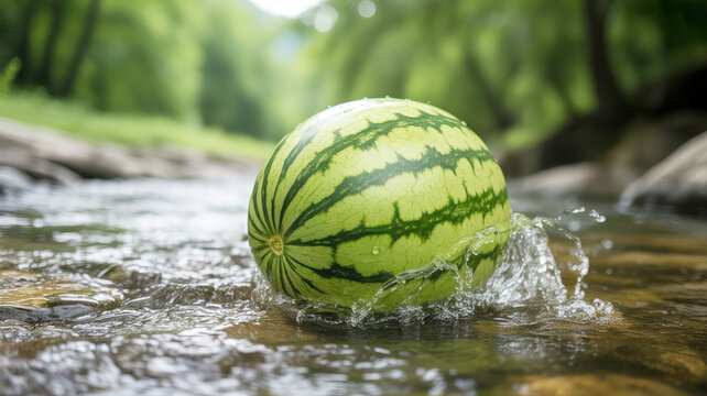 Large whole watermelon rests partially submerged in flowing shallow water creating small splashes against a blurred backdrop of vibrant green foliage.