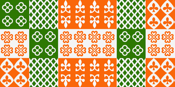 Repeating geometric pattern featuring orange white and green squares