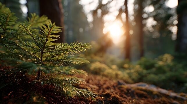 Sunlight streams through a serene forest illuminating a young evergreen seedling in a warm golden glow