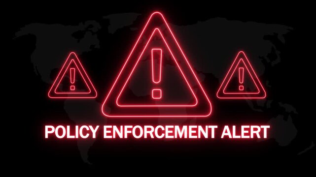 Policy enforcement alert warning. Cybersecurity defense and secure digital systems protection against cyberattacks. urgent threat notification .4k Motion graphics on Black Background