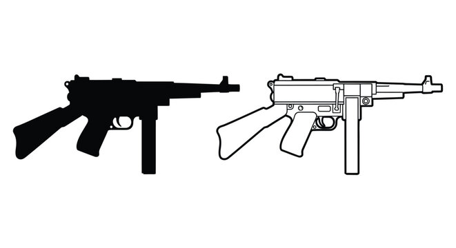 Detailed illustration of a thompson submachine gun black silhouette
