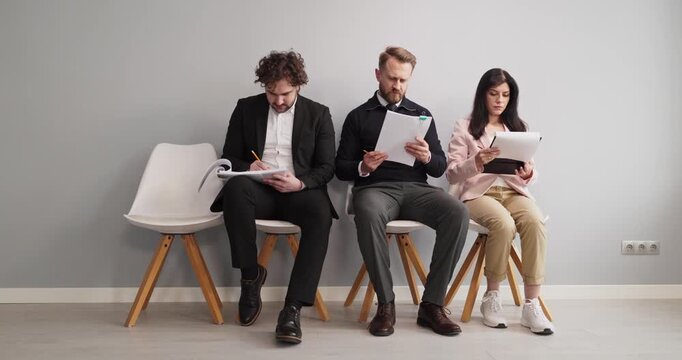 Candidates waiting interview resume screening with clipboard. Three professionals sit in a minimalist room, preparing forms and resumes for a recruiter. Clear concept of recruitment and hiring.