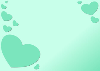 Fototapeta premium Green pastel background with scattered hearts and soft gradients, representing growth, love, and nurturing spirit of a mother