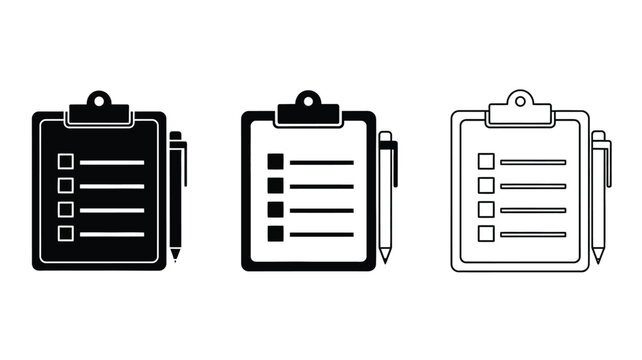 Three clipboard icons with pen varying styles black and white silhouette