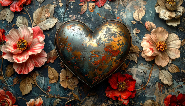 Artystyczne serce w stylu vintage z czerwonymi kwiatami i metaliczną fakturą.