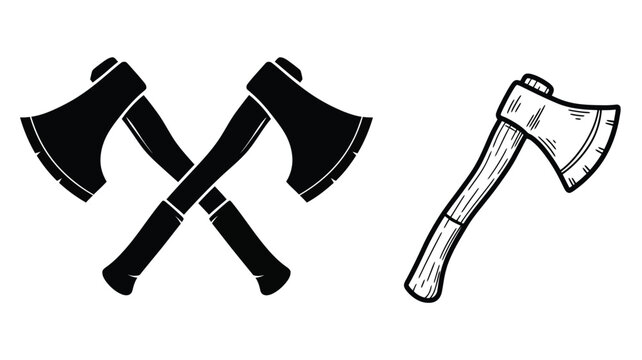 Two crossed axes and a single axe black and white silhouette