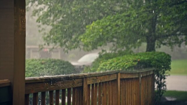 Heavy rain splashing on wooden deck railing with lush green garden background. Heavy rain on water.