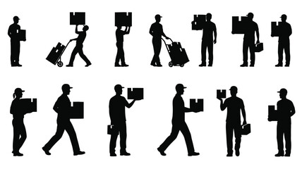 Delivery workers carrying boxes and packages a striking black silhouette © Md