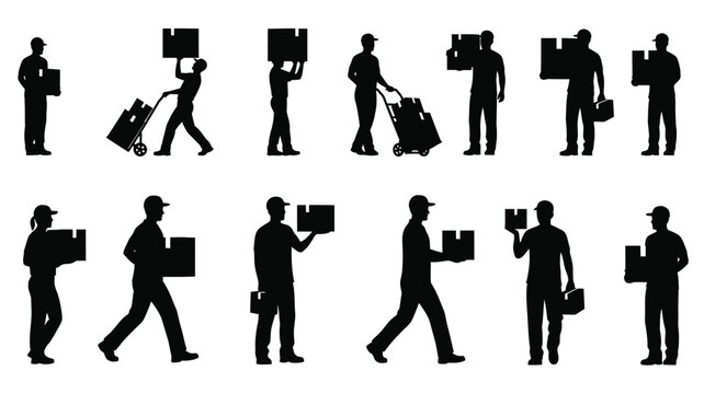 Delivery workers carrying boxes and packages a striking black silhouette