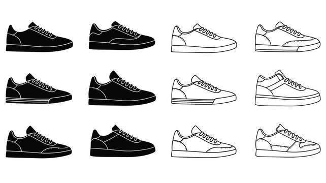 Variations of sneakers shown in outline and filled black silhouette