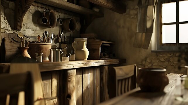 Warm, rustic interior of a medieval kitchen with aged wood and various kitchenware