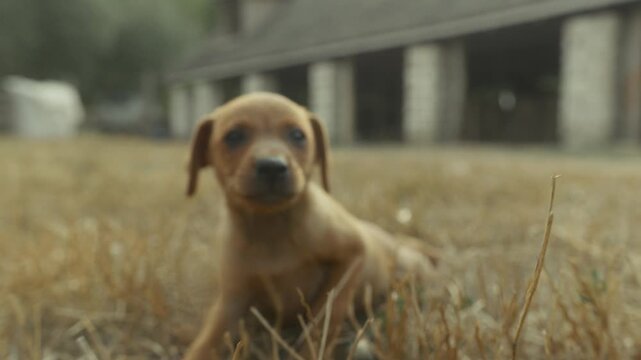Small brown puppy with floppy ears lies on dry grass, then crawls forward and stands up, exploring the outdoor area near a rustic barn structure