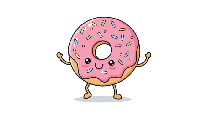 Colorful cartoon donut with sprinkles smiling.
