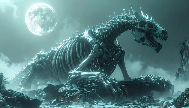 Skeleton dragon under full moon in dark fantasy landscape