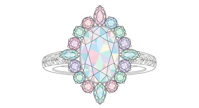 Colorful gemstone ring with halo setting.