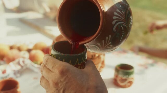 Person pours red liquid from a decorative clay pitcher into a painted ceramic cup, surrounded by fruits and a festive outdoor setting during a gathering