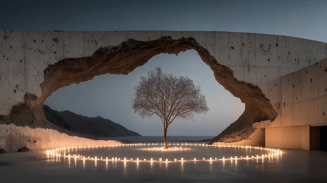 shattered observatory with tree and candles at night