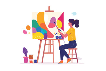 Fototapeta premium Girl painter creating modern art in studio workspace illustration