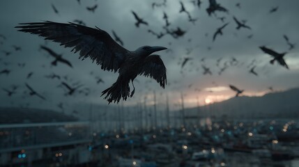 Naklejka premium a flock of black birds fly over a harbor