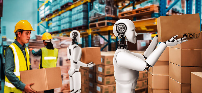 Innovative industry robot working in warehouse together with human worker . Concept of artificial intelligence for industrial revolution and automation manufacturing process .