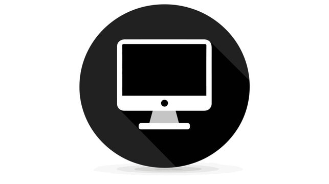 Modern flat design desktop computer icon. White monitor with dark screen on black circle background, long shadow style. Technology, web, app symbol.